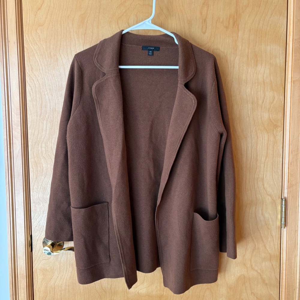 J.Crew Sweater Blazer Women XS Brown Open Front Knit Patch Pockets Notch Lapel